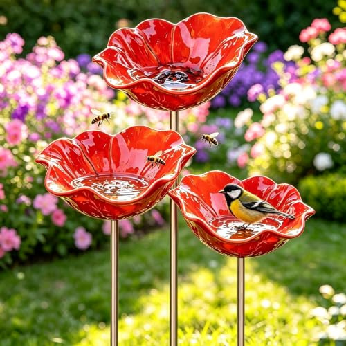 Fleur Métallique sur Poteau, Bac à Oiseaux, Décoration Jardin Extérieur