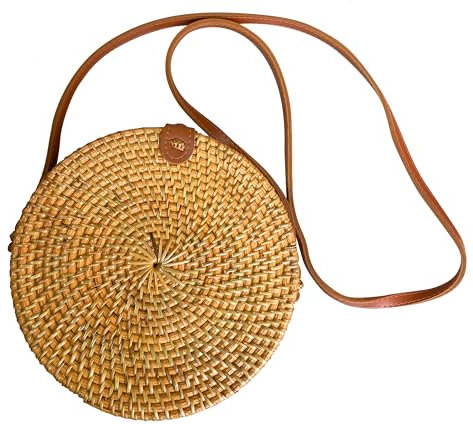 Rattan Umhängetasche, Handtasche Bamubs, Korbtasche, Handgemachte Vintage Modische Stroh Gewebte Tasche im Boho Stil, Rund, Bogen Strandtasche Zuhause Aufbewahrungstasche (Natur)