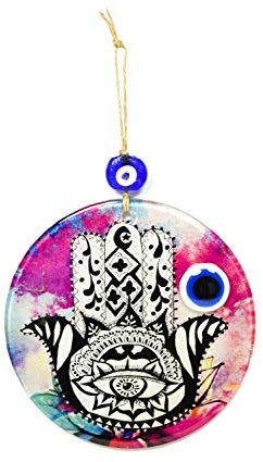 YSN Home Collection Wanddeko Wandschmuck Deko 'Fatimas Hand' Hamsa aus Glas - mit Blauem Auge Nazar Boncuk Talisman
