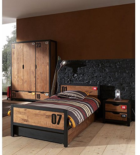 Lomadox Jugendzimmer Set massiv cognacfarbig, schwarz mit Nachtkonsole, Jugendbett 90x200cm mit Bettschublade, 148cm Kleiderschrank 3-trg