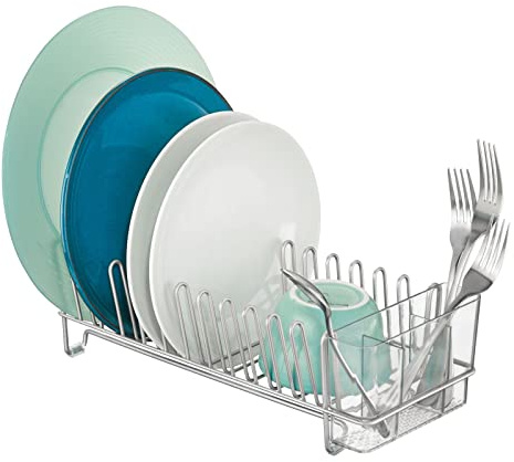 mDesign Scolapiatti per lavello da cucina, piccolo scolapiatti in metallo e plastica, ideale per piatti e portaposate, cromato/trasparente