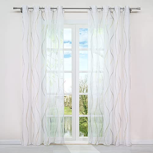 HongYa 1 Stück Voile Gardine Transparenter Vorhang mit Ösen Wellen Druck H/B 245/140 cm Bunt Sand