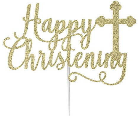 LissieLou Happy Christening with Cross Cake Topper Glitter Card Gold Made in the UK