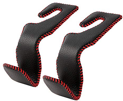 AMVOYOA Car Headrest Hook, Leather Vehicle Back Seat Hanger Storage for Purse Groceries Bag and More, Black&Red, Pack of 2