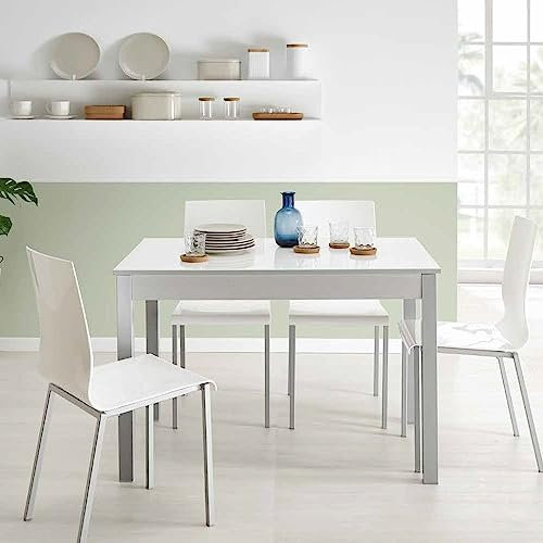 fanmuebles Mesa de Cocina Extensible A Coruña Cristal Blanco óptico - 120 x 80 cm, Blanco Texturizado