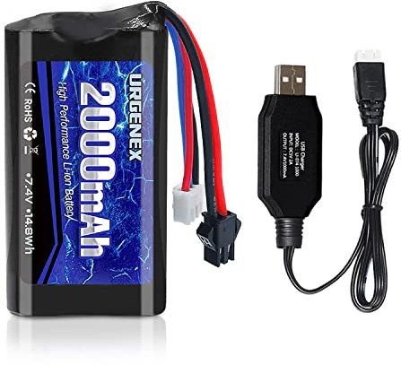 URGENEX 7.4 V Li-ion Battery 2000 mAh 2S Battery with SM 2P Plug High Capacity for Remote Control RC Boat H101 RC Batteries with Charger (1PCS)