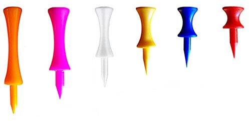 nuumee 100 Stück Castle Golf Tees, Step Down Kunststoff-Tees, haltbare gemischte Farben, abgestufte in 6 verschiedenen Größen (30 mm, 35, 42, 50, 59, 69 mm), Orange, Rosa, Weiß, Gelb, Blau, Rot