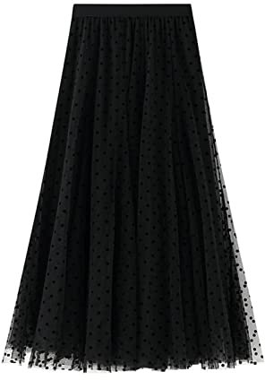 SotRong Gepunktet Tüllrock Blau Damen Midi Überlagerter Mehrlagiger Elastischer Hoch Taillierter A Linien Tutu Rock Mesh-Chiffon-Faltenrock mit Blumendekoration