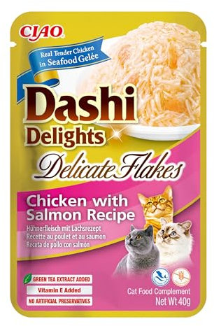 INABA Dashi Delights Delicate Flakes: Chicken with Salmon Recipe (1 x 40g) / Grain-Free, Rich in Protein, Natural Ingredients, Delicious and Healthy, Wet Cat Food