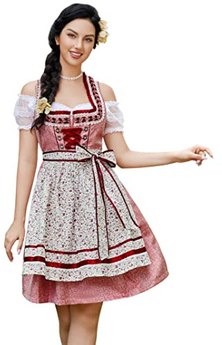 KOJOOIN Women Traditional Dirndl Oktoberfest Costume 3 Pieces Fancy Midi Skirt - Dress, Blouse, Apron Floral Red UK XL