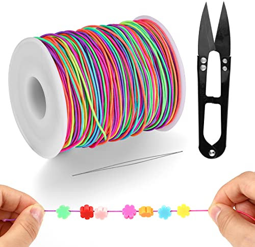 Elastic Cord, 1mm x 100m Beading Cords Thread, Rainbow Color Stretch Fabric Crafting String, Elastic String with Beading Needles & Scissor for Bracelet, Beading and Jewelry Making