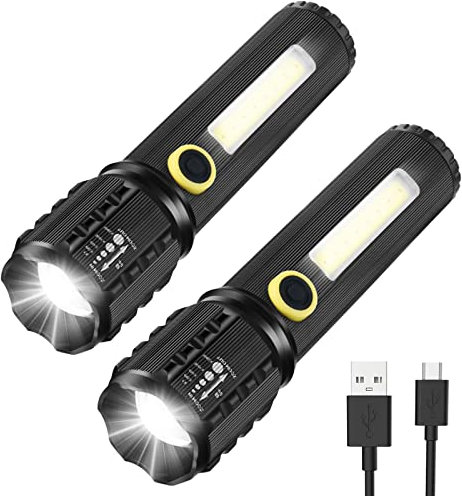 LED Torch Rechargeable, GeeRic 2PCS Professional Flashlight USB Super Bright Zoomable Mini Torch IP67 Waterproof 3 Modes Portable Flashlights for Camping, Hiking, Outdoor, Emergency Small