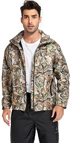 AXESQUIN Veste de pluie pour homme, imperméable, respirante, légère, avec capuche, pliable, coupe-vent, veste d'extérieur pour homme, Camouflage, M