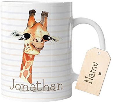 timalo® Tasse mit Namen bedrucken lassen | Giraffe Personalisierte Tasse Wunschname personalisierbare Geschenk zur Einschulung für Kinder Jungen und Mädchen | mug-t-18