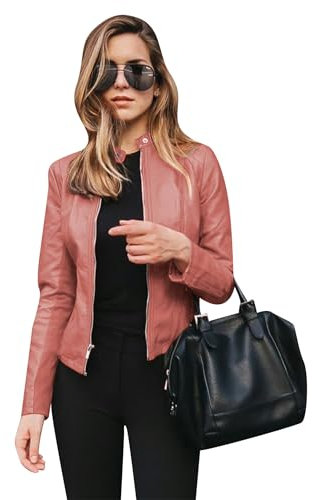 TYQQU Femmes Veste Slim Fit Casual Col Stand Veste En Similicuir Blouson Bombardier Court Veste Moto Rose 3XL