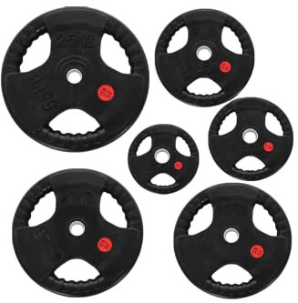 Strongway® Weight Plates Discs for Barbell Bar - 1 Inch (1) / 25mm Hole - Rubber Coated Cast Iron Weights – Tri Grip - Range of Weights and Sizes 2.5KG 5KG 10KG 15KG 20KG (100KG SET)