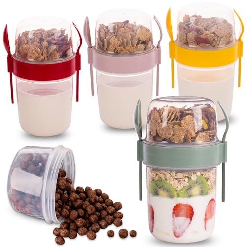EYNEL 4 Pack On The Go 22 oz Breakfast Cups with Lids and Spoon, Reusable Cereal Yogurt Cup with Topping Plastic Overnight Oats Container for Granola Oatmeal (22 oz - 4 Colors Set)