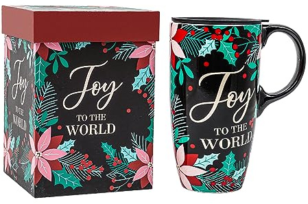 Topadorn Ceramic Travel Mug with Lid and Handle Gift for Coffee Lovers Ceramic Coffee Mug Ceramic Latte Teacup Ceramic Milk Mug in Color Box 17 Oz, Joy