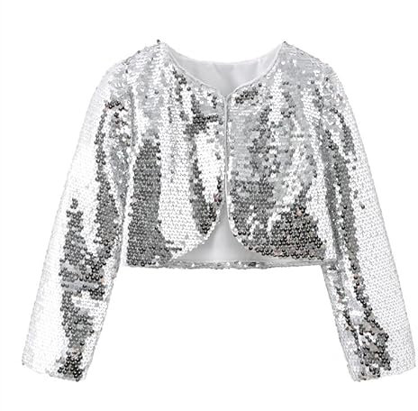HEARTTOUCH Mädchen Pailletten Bolero Strickjacken Glitzer Kurze Jacke Langarm Cardigan Top für Karneval Fasching Party Outfit Gold/Silber (Silber,150,150)