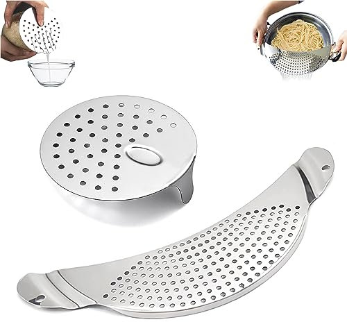 2 Pieces Half Moon Pan Strainer Pasta Strainer Hand Held Pot Drainer with Handle Pan Strainer Food Can Strainer for Tuna Can Beans Vegetables for Noodles Pasta Fruit Veggies Fit All Pots Bowls