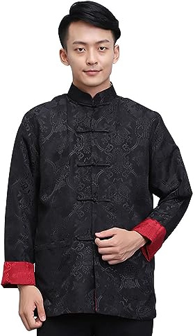 DLSNZ Men's Traditional Chinese Kung Fu Clothing Hanfu & Tang Suit Jacket Wing Chun Uniform Martial Arts Coats (Black+Wine Red, Large)