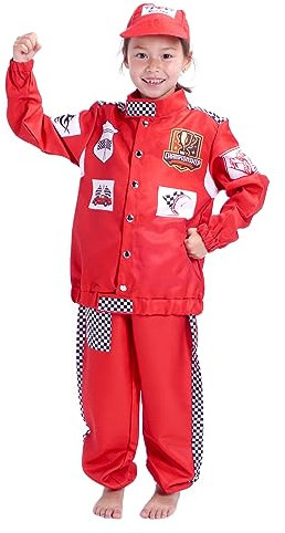 CoolChange Rennfahrer Kinder Kostüm | Autorennfahrer Kostüm für Jungen | Inkl. Jacke, Hose & Mütze | Größe: 128