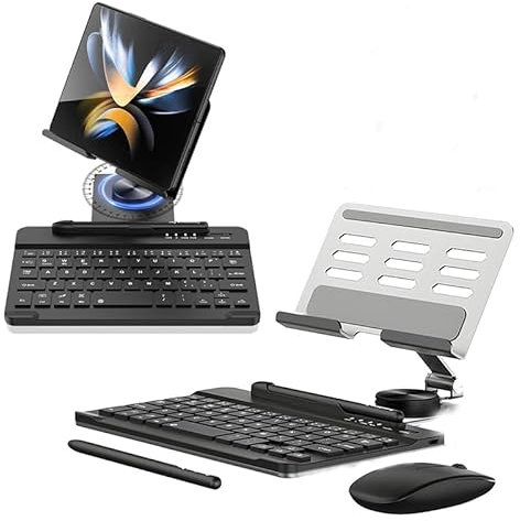Galaxy Z Fold 5/Fold 4 Wireless Keyboard+Bluetooth Mouse+Pencil +Rotating Keyboard Stand Compatible for Samsung Galaxy Z Fold 5/Fold 4 3 Keyboard and Mouse Set with Pen + Stander (Silver)
