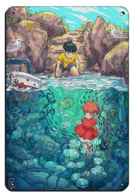 PIPIZA Studio Ghibli Ponyo Art Modernes Metall Blechschild Chic Kunst Retro Eisen Malerei Bar Menschen Höhle Cafe Familie Garage Wanddekoration 20 x 30 cm