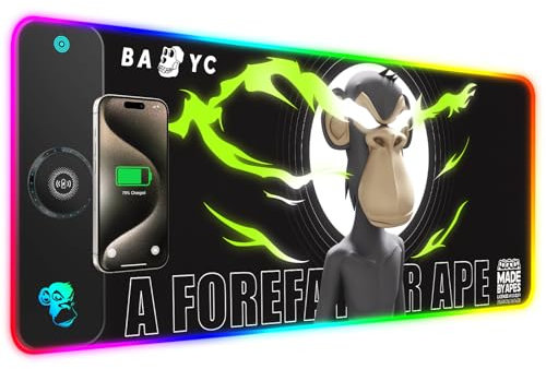 GIM RGB Gaming Mauspad mit 15W Wireless Charging, Bored Ape Yacht Club -(BAYC) NFT Edition LED Mauspad mit 10 Lichtmodi, Extra großes Mauspad 800x300x4MM, Computer Tastaturmatte für Gaming (BAYC-A)