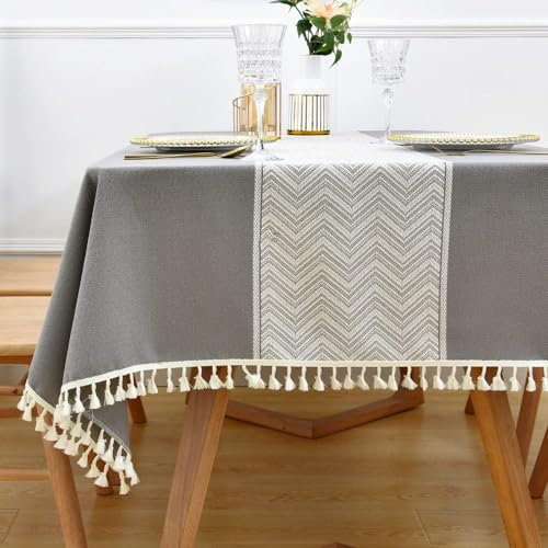 Yofori Tischdecke Abwaschbar, Grau Tischdecke Baumwolle Polyester Mischgewebe Boho Tischdecken BüGelfrei Tischtuch Rechteckig Tischdeko für Esstisch, Hochzeit, Outdoor (Grau, 135 x 220 cm)