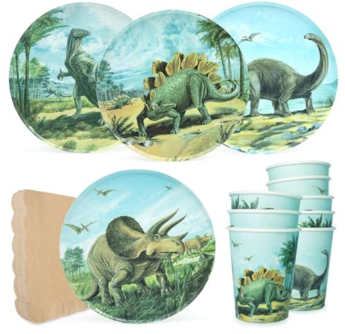 PARTY PARTY 32 Teile Dino PARTYGESCHIRR SET 8 Gäste Partyteller Dinosaurier Pappbecher, Servietten mit Brontosaurus, Stegosaurus, Triceratops, Allosaurus, Geburtstag Dinosaurier Deko Jungen