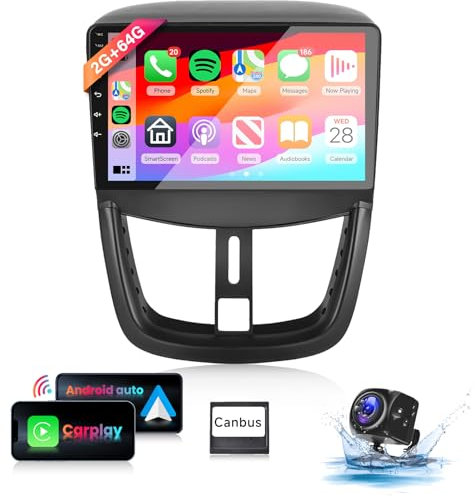 【8 Kern 2+64G】 Hodozzy Carplay Autoradio für Peugeot 207 2006-2015 Android Autoradio mit Navi,9 Zoll Touchscreen mit Android Auto/WiFi/GPS/RDS/FM/Bluetooth/USB/DSP+Canbus