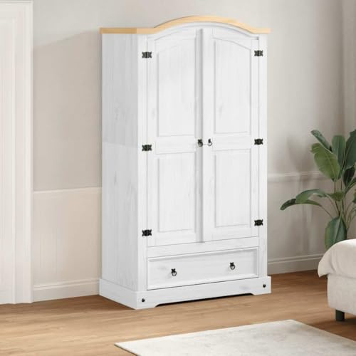 Willood Kleiderschrank Corona Mit Schublade Weiß 102x52x186 cm Massivholz Kiefer Garderobenschrank mit Stauraum Metallgriff, Hochschrank für Schlafzimmer, Dielenschrank, Modern