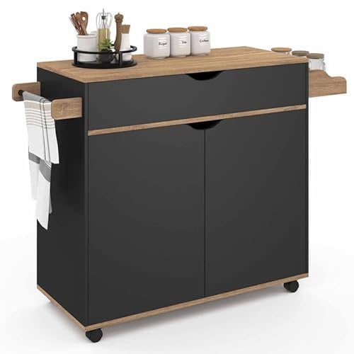 IDMarket - Desserte de cuisine COSY XXL placard avec tiroir noir et plateaux façon hêtre L.90 CM