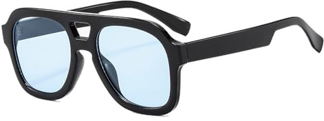 Long Keeper Retro Pilot Sonnenbrille Herren Damen 70er Vintage Sonnenbrille Pilotenbrille Eckig Klassisch Piloten Gelb Getönte Brille mit UV400 Schutz, 50MM (Schwarz Rahmen - Blau Linse)