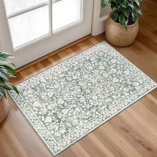 SILOLOOM Vintage Washable Rug 2x3, Sage Green Grey Small Area Rugs for Entryway, Floral Super Soft Kitchen Rugs, Low-Pile Throw Rugs Indoor Door Mat Thin Print Faux Wool Carpet for Entrance, Office