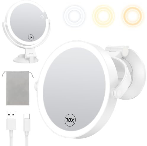 Gospire Miroir de maquillage mural de 17,8 cm avec ventouse puissante, grossissement double face 1x/10x, 3 lumières de couleur et luminosité réglable, batterie rechargeable de 2000 mAh, rasage pour