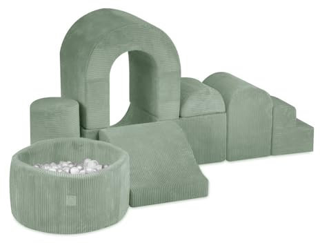 MISIOO Klettergerüst Indoor & Bällebad Baby mit 150 Bällen - Weicher Spielplatz mit 8 Schaumstoff Bausteine Kinder - Perfektes Abenteuer für Kinderzimmer - Cordmaterial