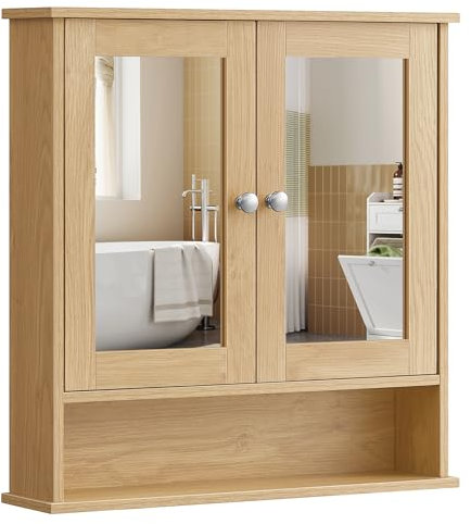 VASAGLE Armoire Murale, Meuble Salle de Bain, Placard de Rangement, Armoire Suspendue, 2 Portes-Miroir et Compartiment Ouvert, Étagère Réglable, 13 x 56,5 x 58,5 cm, Couleur Chêne Naturel LHC003Y01