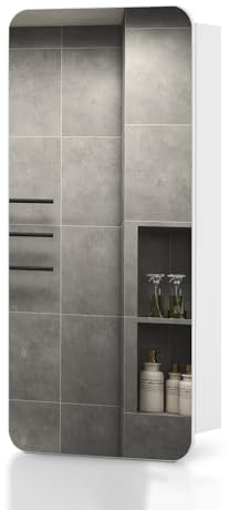 TUKAILAi Single Door Bathroom Mirror Cabinet, 45 x 90cm White Wall Mounted Storage Cabinet with 3 Storage Shelfves Round Corner Mirror Cupboard 1 Door for Bathroom Washroom, Large