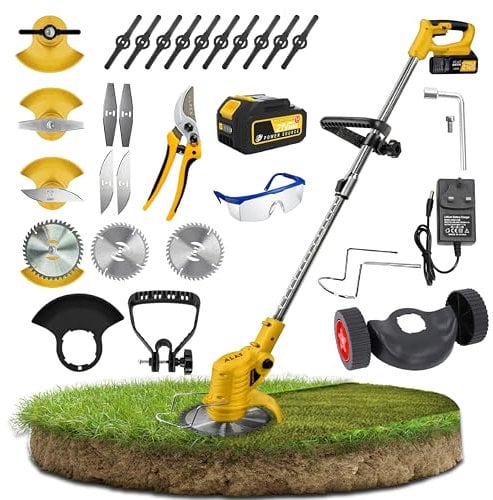 Cordless Grass Trimmer with Metal Blades – 24V, Includes 2 Li-Ion Batteries, Multi-Purpose Blades for Grass, Weeds, Tree Cutting & Edging – Lightweight, Adjustable, Powerful Garden Tool by ALAF