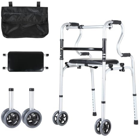 Jaxguom Gehhilfe,Gehhilfe für Senioren, Gehbock Klappbarer mit 2 Lenkrollen, Gehhilfe erwachsene Gehgestell höhenverstellbar aus Aluminium, Rutschfest Stabil Gehwagen Bis 180 kg, Silber
