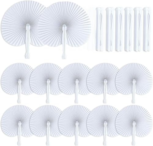 50Pcs Folding Round Paper Fans Chinese Handheld Fans White Wedding Fans with Plastic Handles for Summer Wedding Birthday Party DIY Favours Travel