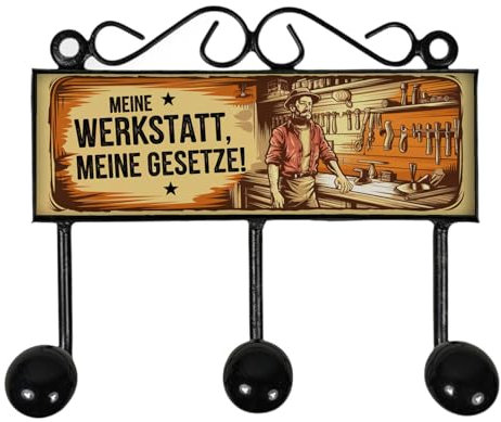 speecheese Meine Werkstatt, meine Gesetze Kleiderhaken Leiste mit 3 Haken mit lustigem Spruch für die Werkstatt
