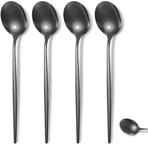 4 cucharas de café espresso de acero inoxidable negro satinado de 8 pulgadas, cucharas de té helado, cucharas de remojo para café, té británico, postre, pastel, helado, capuchino (negro)