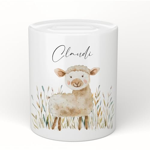 Manufaktur Liebevoll Spardose mit Namen Personalisierte Spardose Kinder Geschenk Baby Mädchen Junge Sparschwein Schaf Bauernhof