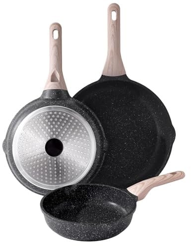 Kordisen Nonstick Frying Pan Set, 3 Piece Skillet Set, Healthy Induction Cooking Pan, Stay-Cool Handle, Compatible with All Stovetops, PFOA Free (24/28/32cm)