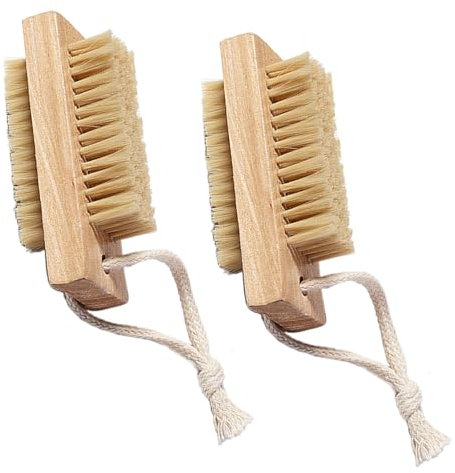2pcs Wooden Nail Scrub Brush, Double Sided Nail Brushes with Stiff Bristles and Hanging Rope Hand and Foot Scrubber Manicure Pedicure Tool for Scrubbing Fingernails Toenail Cuticle