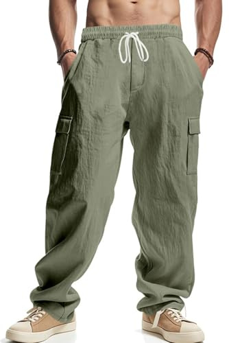 PADOLA Pantalones de Lino Ligero para Hombre Pantalón de Carga con Bolsillos Pantalones Casuales de Corte Holgado con Cordón Elásticos