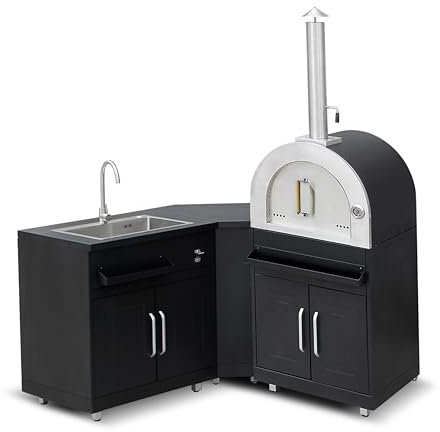 Cocina exterior de metal con 3 módulos fregadero y Horno de Pizza